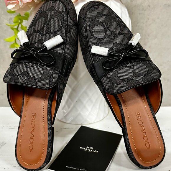 NWT COACH Black Textured Jacquard Logo Slides / Mules - SZ. 7.5 - Picture 1 of 9